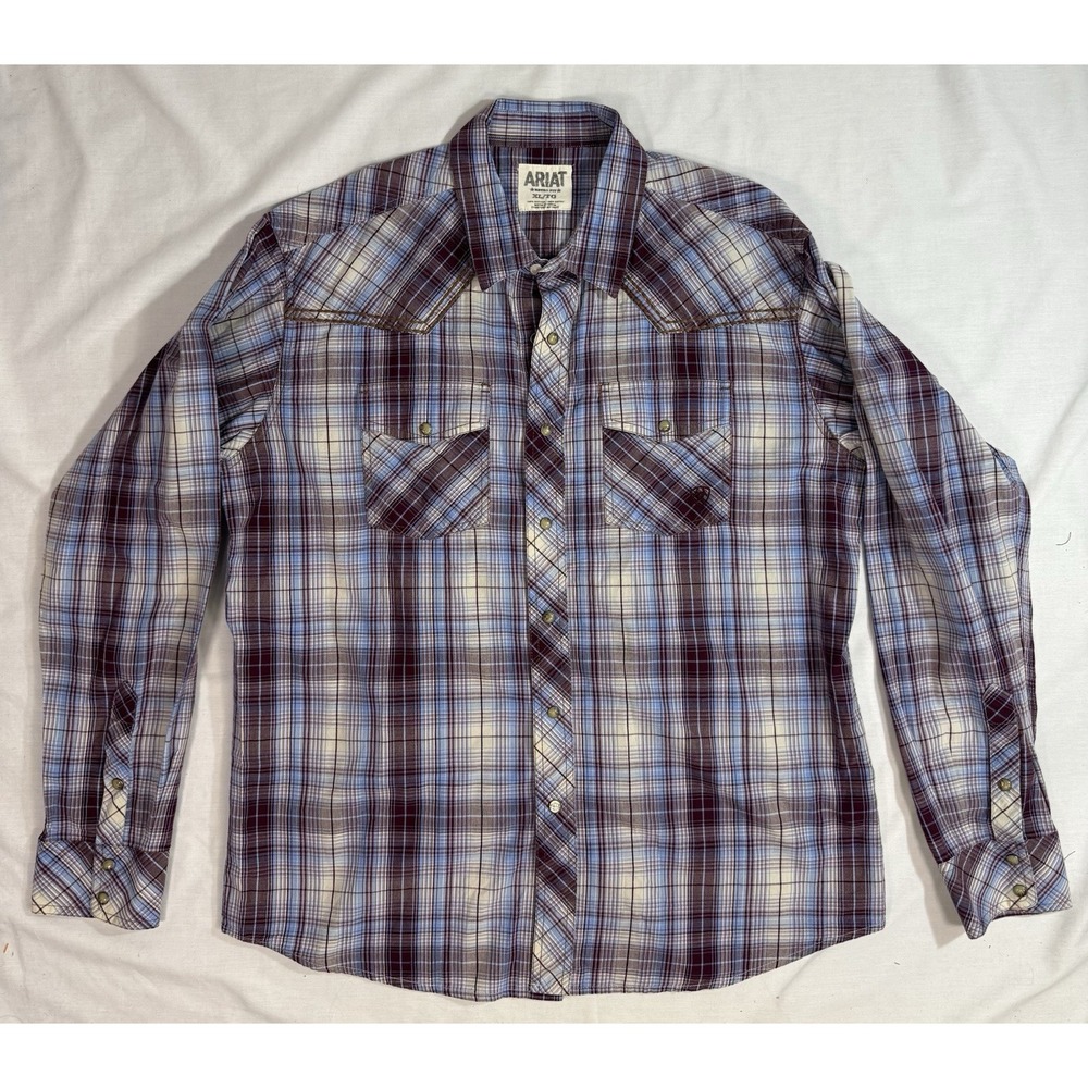 Ariat Retro Fit Pearl‎ Snap Button Mens XL Purple Black Plaid Short Sleeve